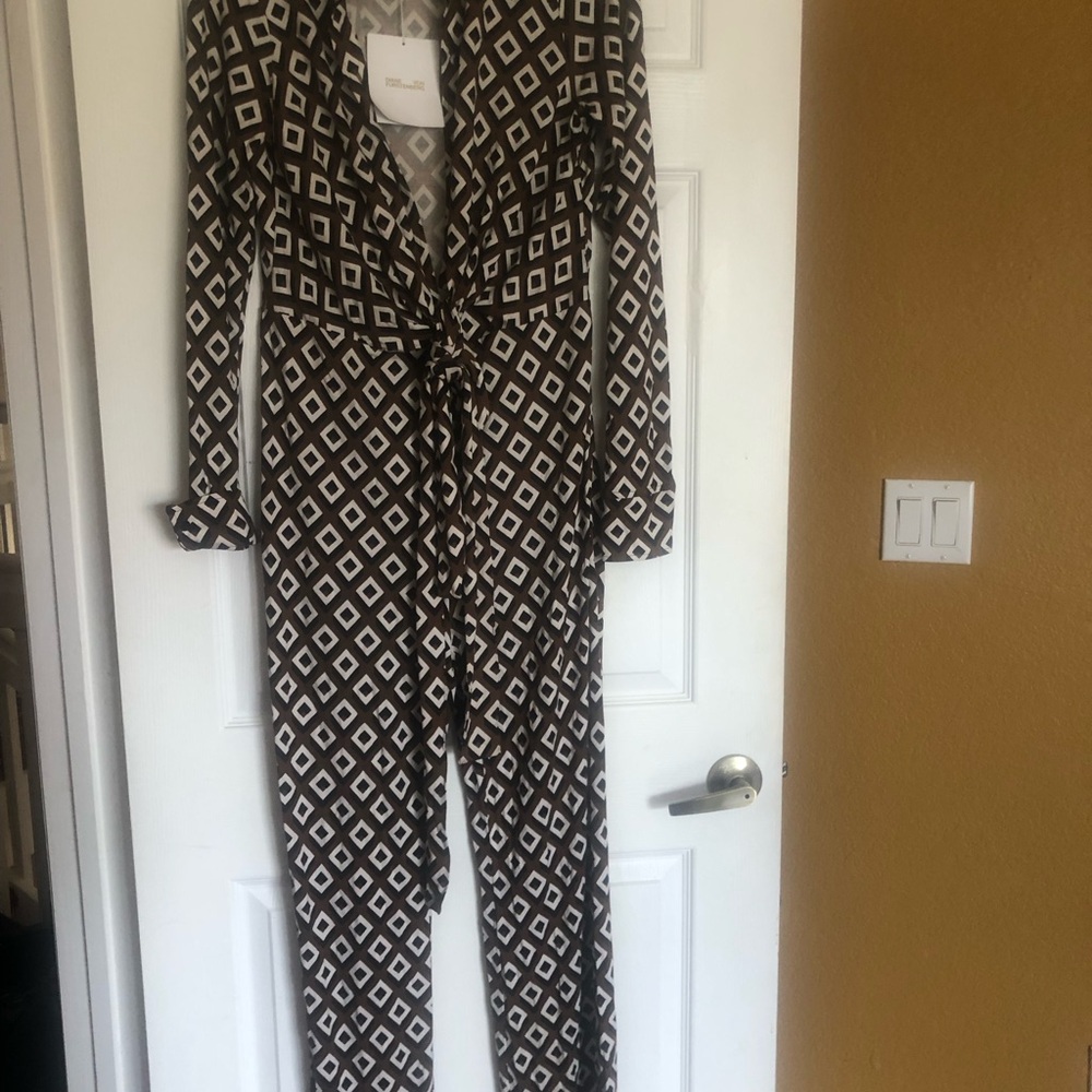Diane Von Furstenberg Black, Brown and White Geometric Wrap Jumpsuit